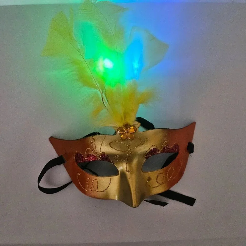 Yellow Faux Feather Mask Party Light Up Face Eye Mask Masquerade Mardi Gras Mask
